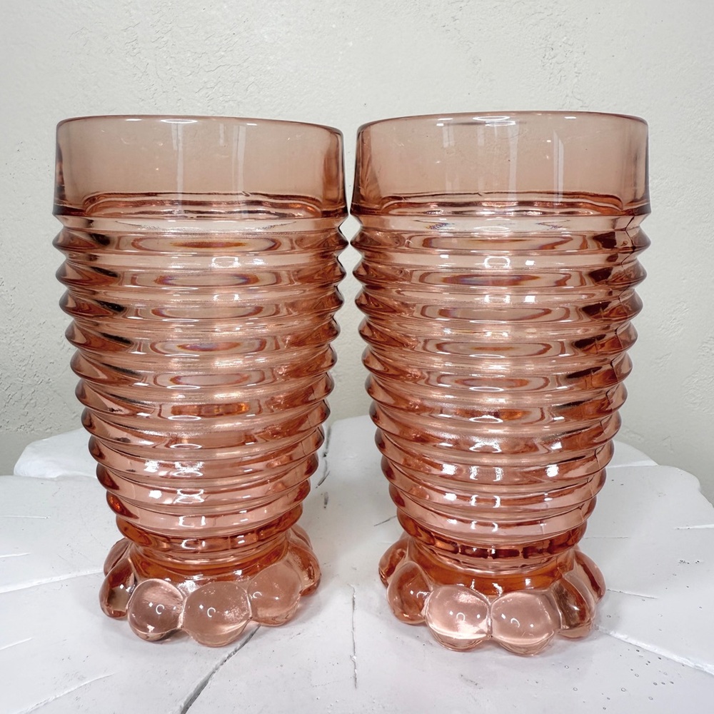 Vintage Anchor Hocking 10 Oz Manhattan Pink Depression Glass Tumblers Set of 2